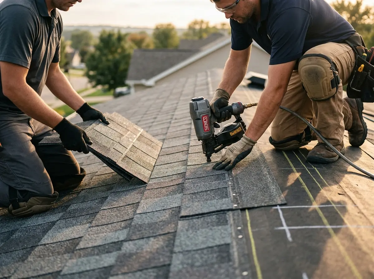 Professional roofer working on a residential roof in Scappoose